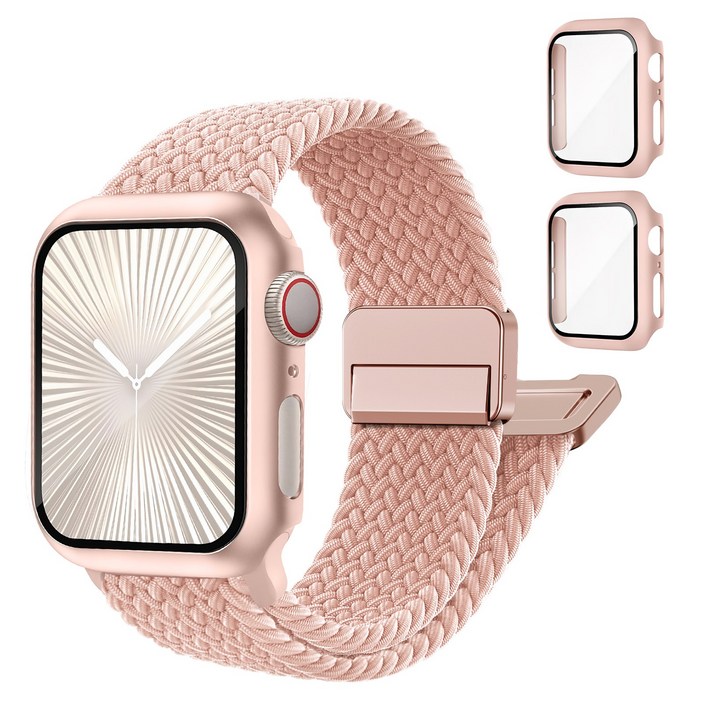 Fegwilde 애플워치 호환 마그네틱 브레이드 스포츠 루프 스트랩 보호 PC강화유리 풀커버 케이스 2개입11 10 9 8 7 6 5 4 3 울트라, 인디핑크핑크