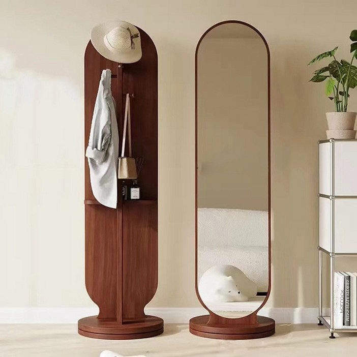BYOU 다용도 회전식 옷걸이행거 전신거울 1단 수납 행거 스탠드 옷걸이 시스템 행거, 호두색 36166
