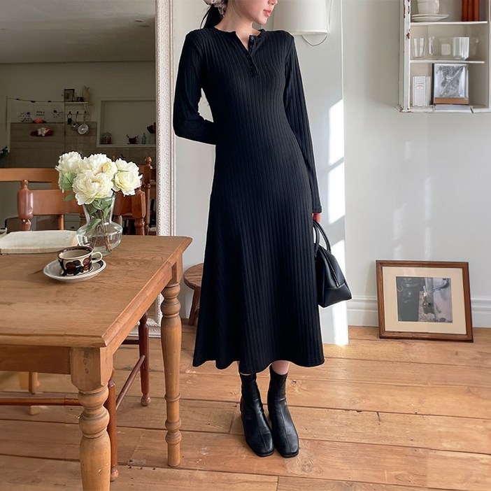 마쿠쿠 라운드넥 단추 골지 슬림 긴팔 여성 A라인 롱 니트 원피스