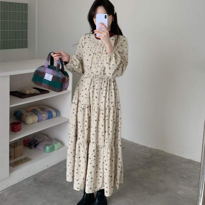 오나스타일 메이플로리 잔골덴 플라워 원피스 잔꽃 플라워 롱원피스