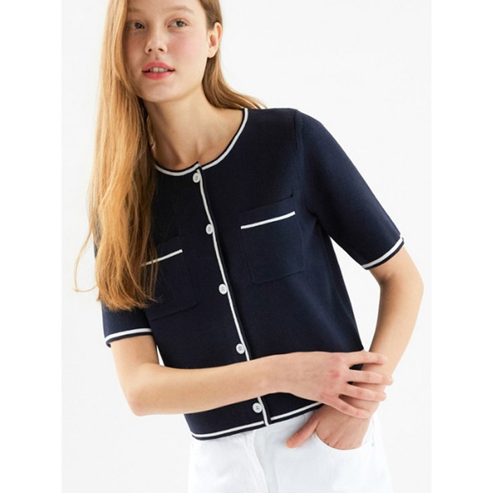 올리브데올리브 배색 라인 포켓 가디건 D NAVY  OH3XD5150