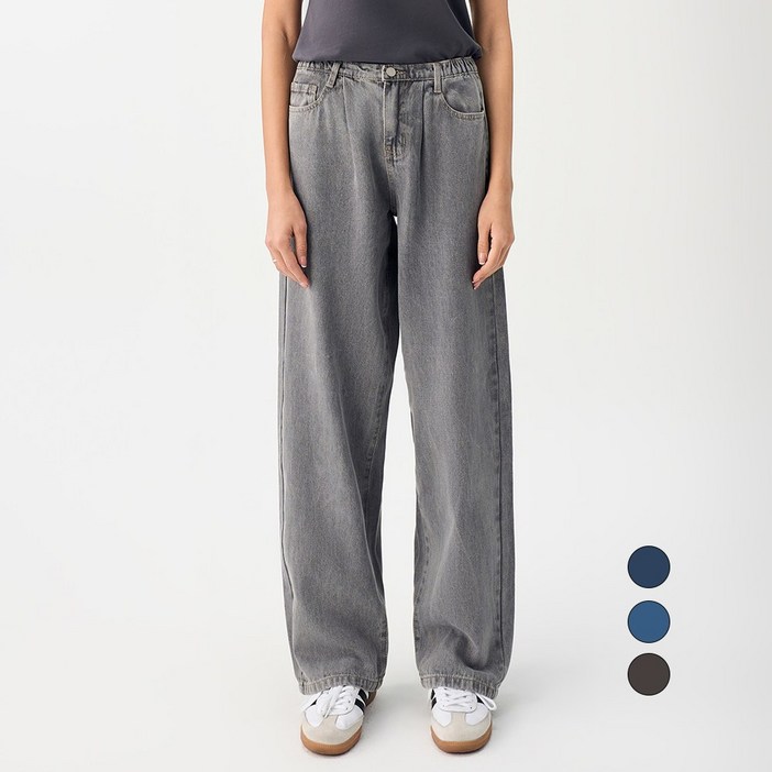 엘블로썸 여성 숏,기본,롱 허리편한 핀턱 와이드 밴드 청바지