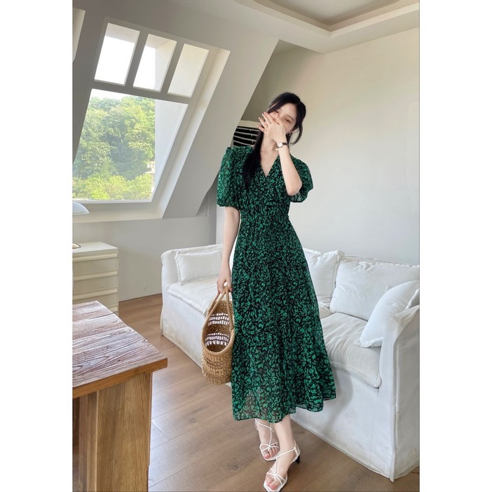 CD 봄신상 주름 작은 꽃무늬  쉬폰 브이넥 반팔 허리끈조임 캉캉미디 롱 원피스