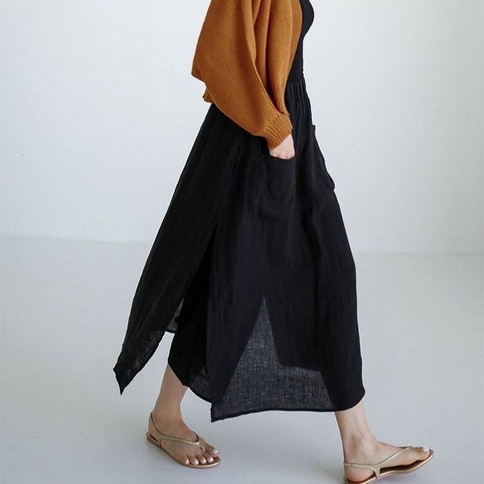 패션 롱 치마바지 여성 봄여름 얇은 리넨 일자 치마바지 빈티지 하이웨이스트 면 마 9부 팬츠 YHY