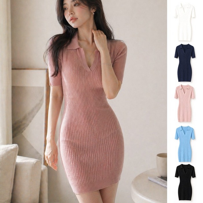 VERIT 글램 브이넥 골지 신축성 올킬 반팔원피스 VT628