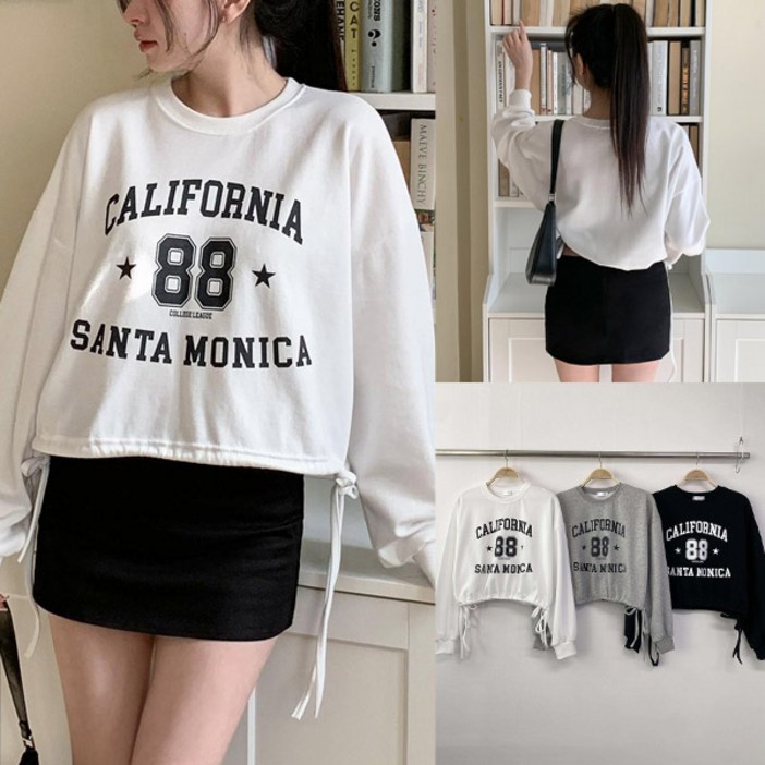 여성 빅사이즈 크롭 맨투맨 긴팔티 팔팔 캘리 끈매듭 라운드 오버핏 숏 티셔츠