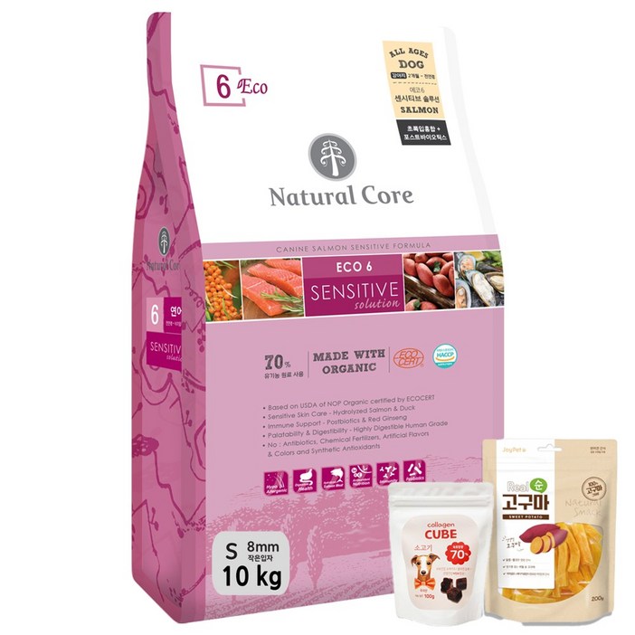 네츄럴코어 에코6 센시티브솔루션 연어 작은입자 10kg리얼고구마200g보노간식100g 식이알러지 애견사료, 10kg, 1개, 가수분해연어
