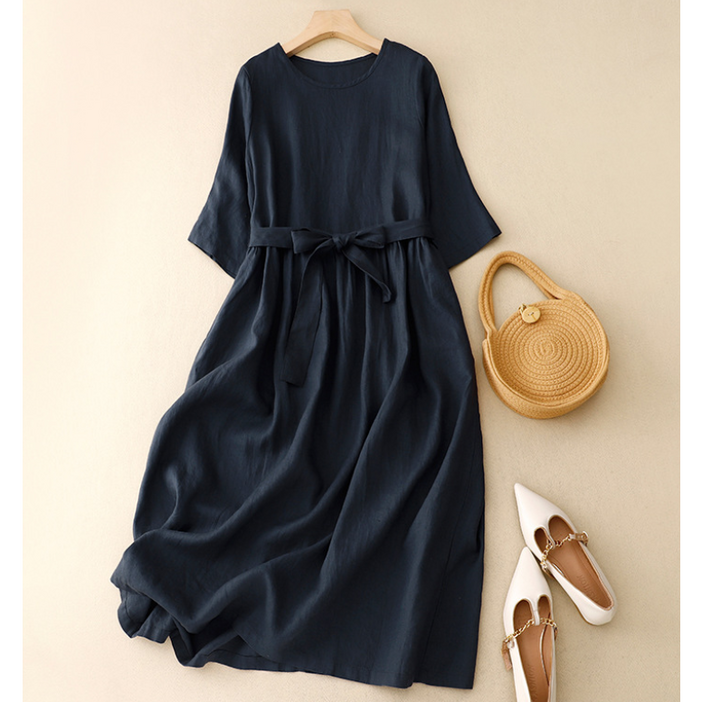 에버리씽 여성 라운드넥 린넨 무지 허리 끈 롱 원피스 Q351