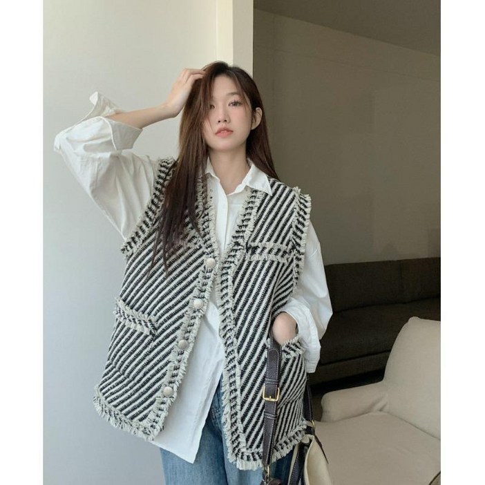 패션 봄 가을 여자 조끼 여성 봄 가을 프렌치 스타일 널찍한 트위드 조끼 베스트 자켓 LCL