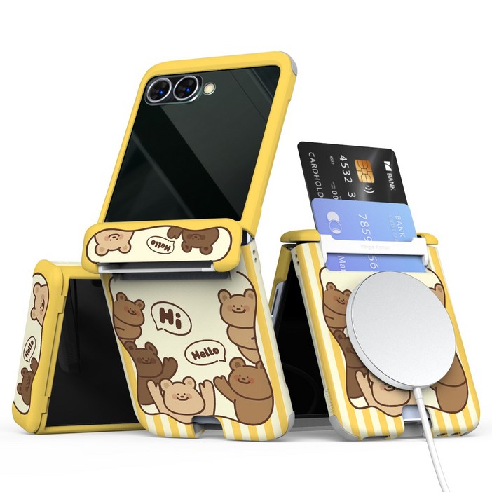 이디즌 갤럭시 Z플립 케이스 컬러 테디시리즈 귀여운 디자인 슬림 카드 2장 수납 힌지보호 충격방지 맥세이프 호환 자석내장