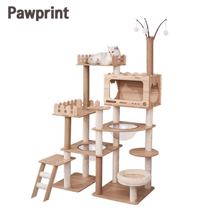 Pawprint 튼튼한 고양이 캣타워  실내 공간 최적 활용, 스트레스 해소, 다묘 가정 필수품! 다양한 활동 지원, 고양이 놀이와 휴식 모두 가능, 고양이에게 안전한 견고한 구조