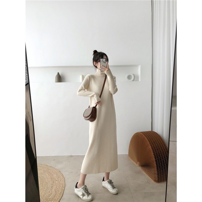 SunburstWonder 여성 가을 겨울 반폴라 니트 원피스 박시 이너 미디 기장 스웨터 이너 롱 스커트