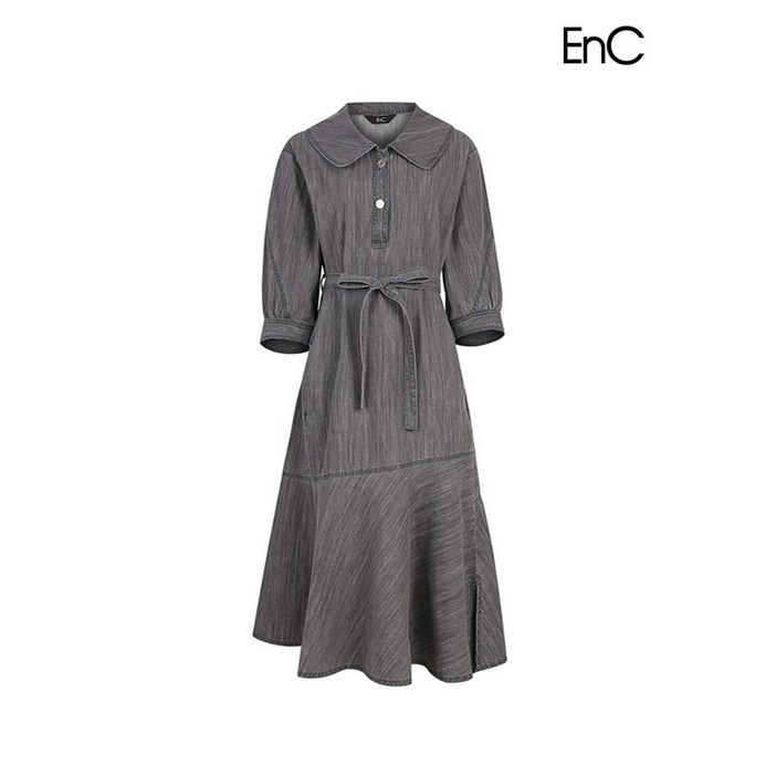 이앤씨 EnC 그레이 빅 카라 데님 워싱 원피스 ENOJ32453A
