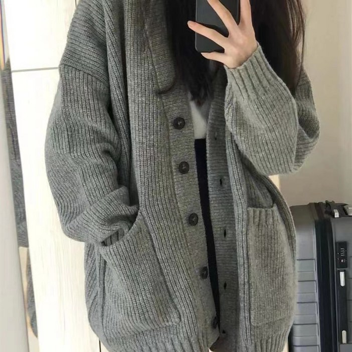 여성 오버핏 브이넥 데일리 심플 니트 가디건 힙커버