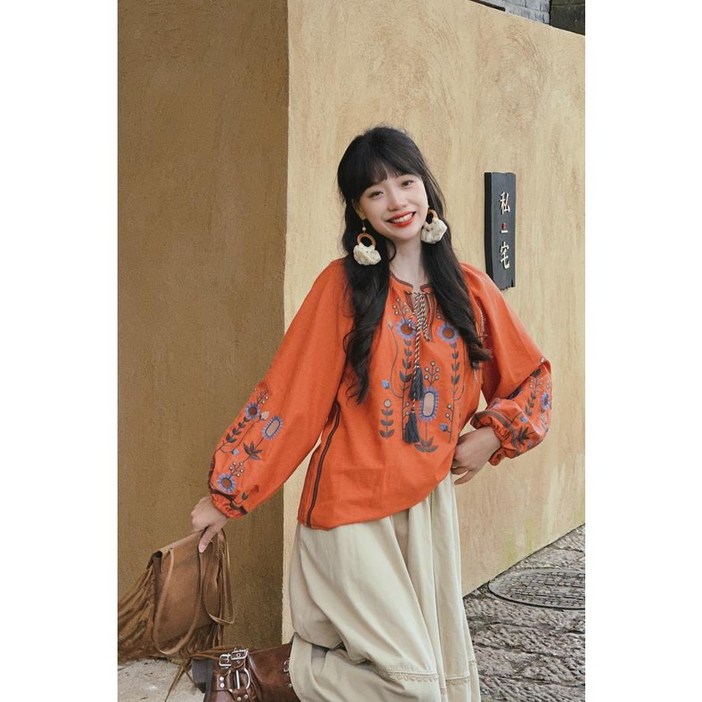 다바럽 루즈핏 보헤미안 히피 에스닉 자수 블라우스 티셔츠 휴양지