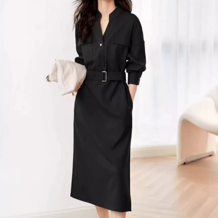 에버리씽 여성 카라넥 슬림핏 벨트 롱 셔츠 원피스 Q326