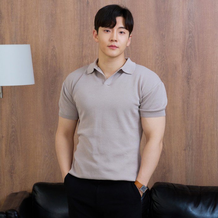 핵쿨남 남성용 아이스쿨링 머슬핏 반팔 오픈 카라 니트