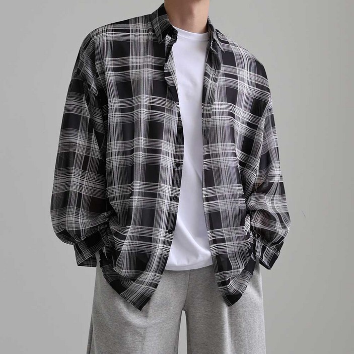 남성용 가볍고 시원한 오버핏 쉬폰 체크 남방