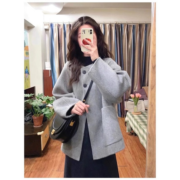 ANYOU  여성 햅번 그레이 모직 코트 작은 키에 날씬해 보이는 도톰한 모직 코트