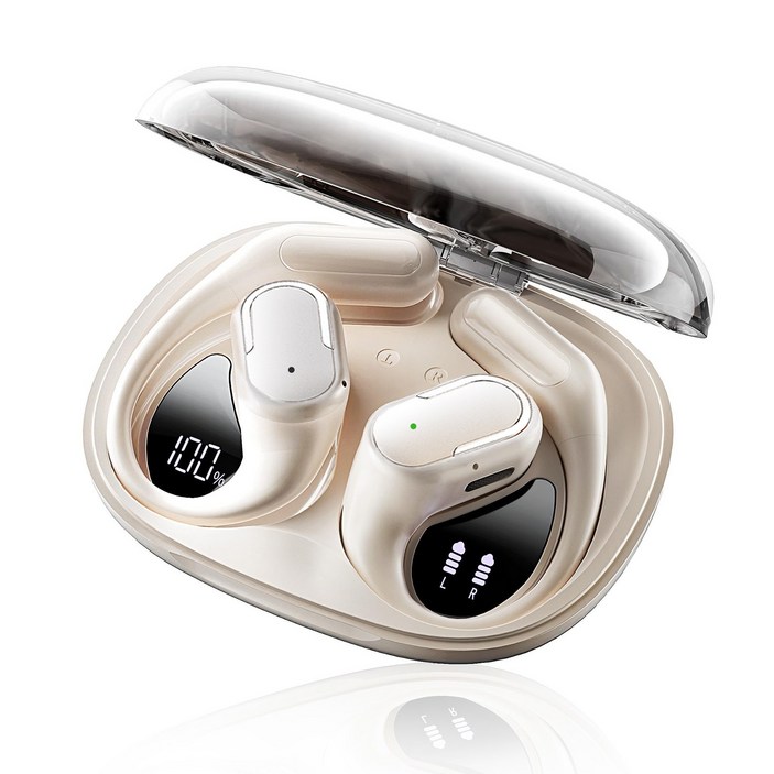 Qiiaoo 오픈형 블루투스 이어폰 핸즈프리 통화 소음 제거 무선 런닝 헤드폰, 오프 화이트