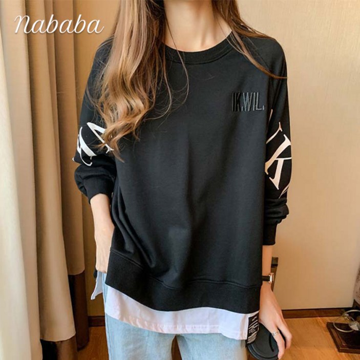 나바바 NT3182 여성 캐주얼 루즈핏 레터링 레이어드 긴팔 맨투맨
