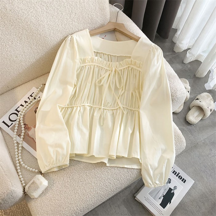 ROYALBELLE 여성 스퀘어넥 셔링 블라우스 허리 스트링 루즈핏 롱슬리브 A0032232