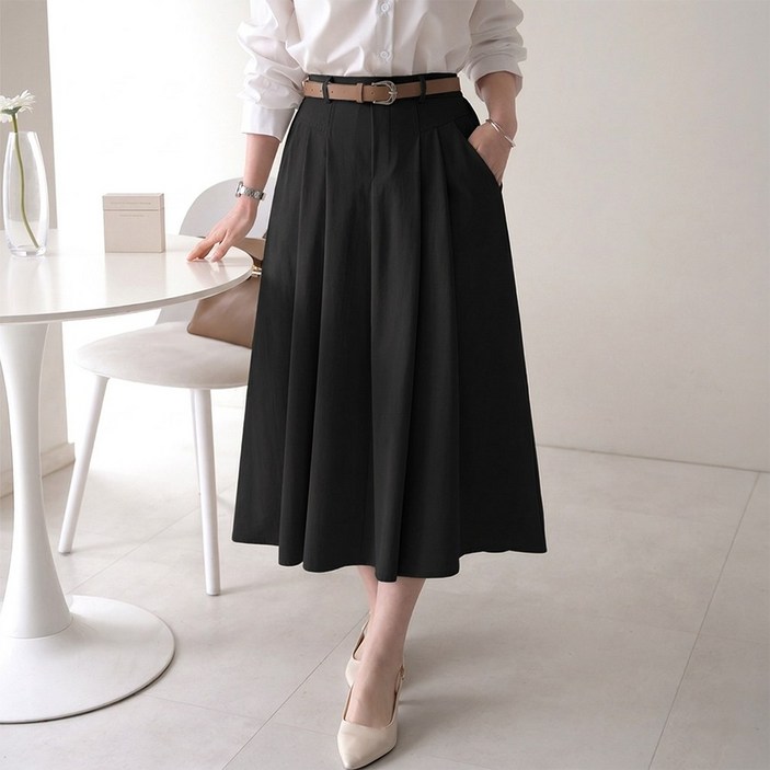 데일리앤 밀러 벨트세트 뒷밴딩 핀턱 주름 플리츠 플레어 롱 스커트 봄 여름 가을