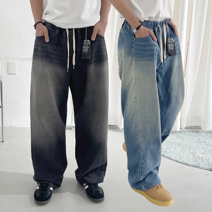 하우룩 빅사이즈 허리 밴딩 워싱 와이드 데님 팬츠 청바지 M3XL