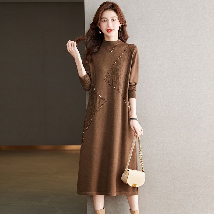 Neirny 중년 여성 가을 겨울 롱 니트 원피스 스커트 패션 기질 루즈핏 캐주얼 니트 울 엄마 스커트