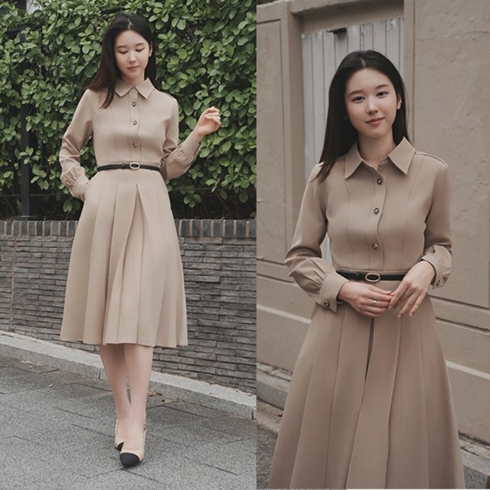 비비디아 여성용 벨트 A라인 플리츠 셔츠 긴팔 원피스 베이지 하객룩 오피스룩 5560