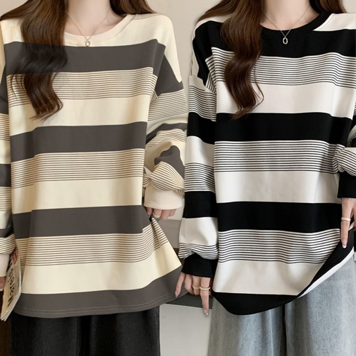 르보에 여성 오버핏 스트라이프 루즈핏 긴팔 티셔츠