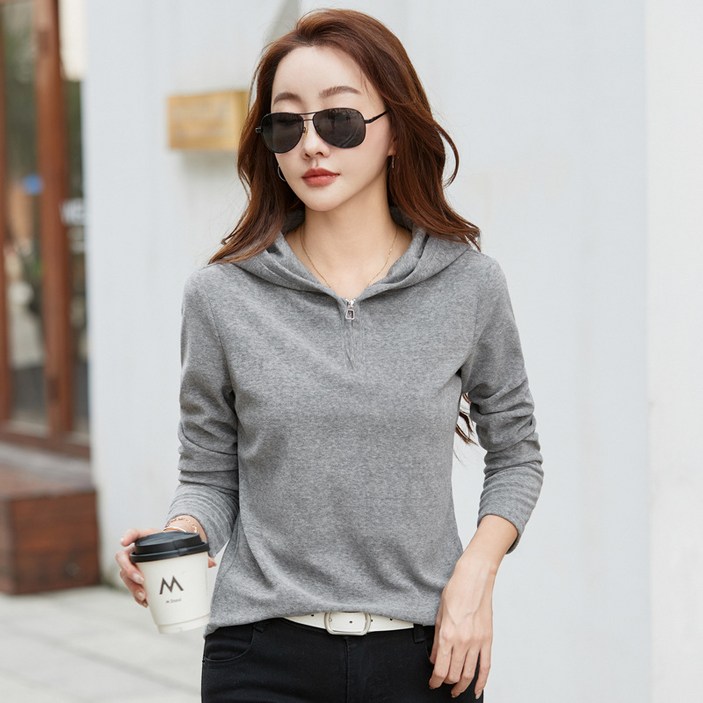 가을 신상 프리오더 여성 후드 슬림핏 긴팔 티셔츠 여자 반집업 얇은후드티 고품질면티 데일리 상의 간절기 중년여성 가을티
