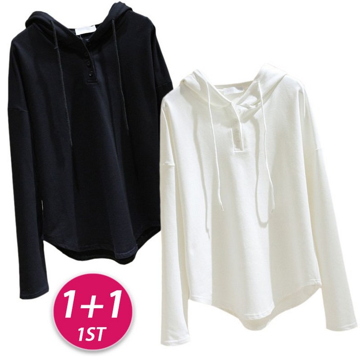1+1 여성 봄 가을 베이직 버튼 포인트 긴팔 후드 티 풀오버 무지 맨투맨  루즈핏 후디 캐주얼 데일리 간절기 스트랩 이너 후드 [2장 묶음]