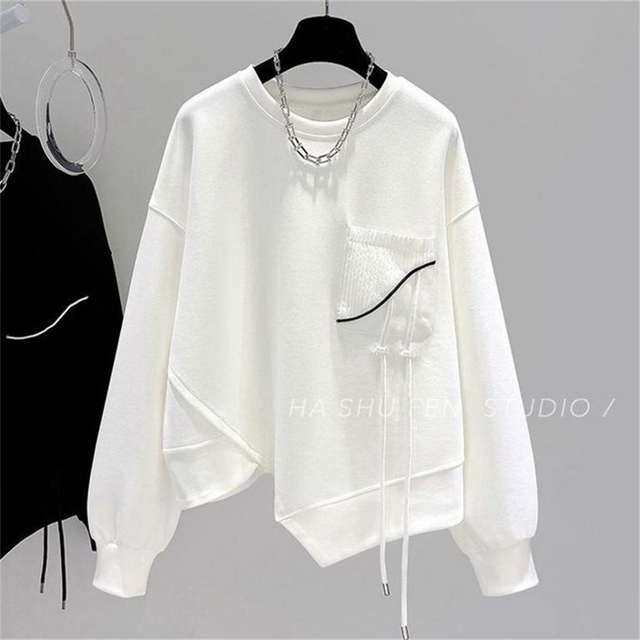 Vezri 여성용 봄 가을  신상 루즈핏 얇은 라운드넥 언밸런스 밑단 유니크한 긴팔 맨투맨 W66