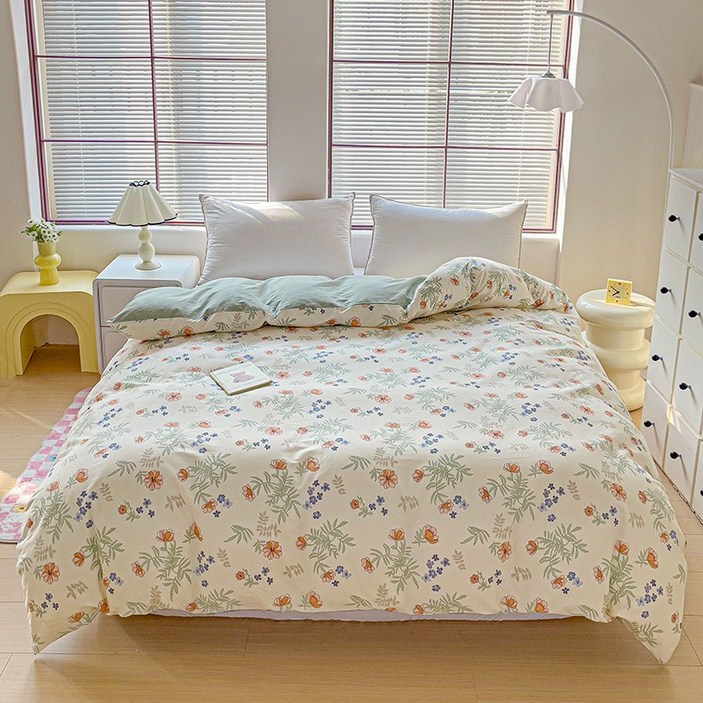 신상 무늬 고밀도 워싱 순면 이불커버 플라워 양면커버 침구 싱글 슈퍼싱글 더블 퀸 킹 라지킹, 그린 꽃