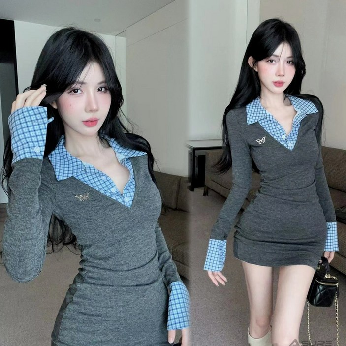 Asure 여자 니트 원피스 브이넥 체크무늬 레이어드 미니원피스