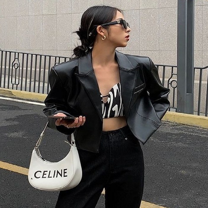 마리하우스 크롭 미니 가죽 라이더 숏 자켓