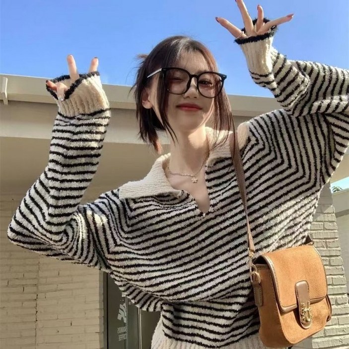 COSYEVNO 여성용 스웨터 가을 브이넥 스트라이프 프린팅 빅사이즈 심플 스트라이프 캐주얼 스타일리쉬한 긴팔 상의 CXJzzs-28