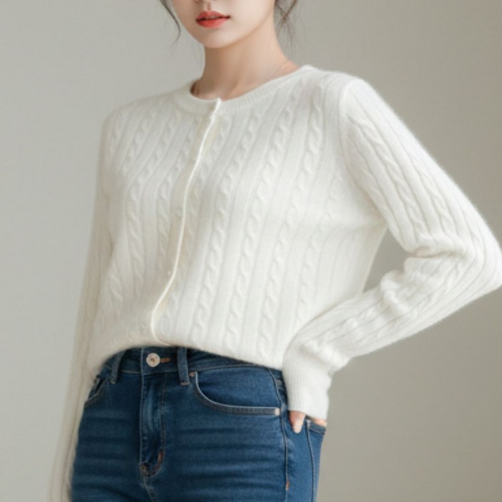 YEON HOME 여성 꽈배기 니트 라운드 가디건 데일리