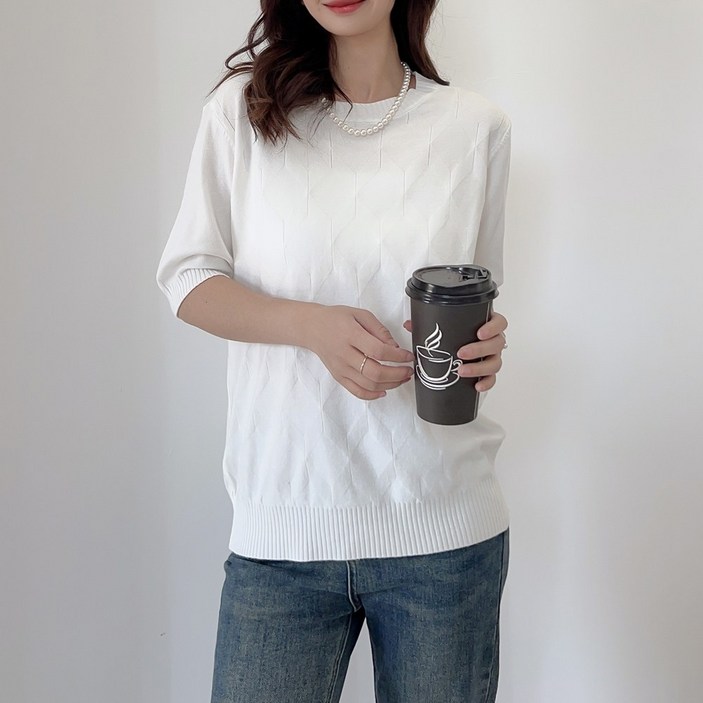 에리페 여성용 아로 다이아 라운드넥 반팔 니트