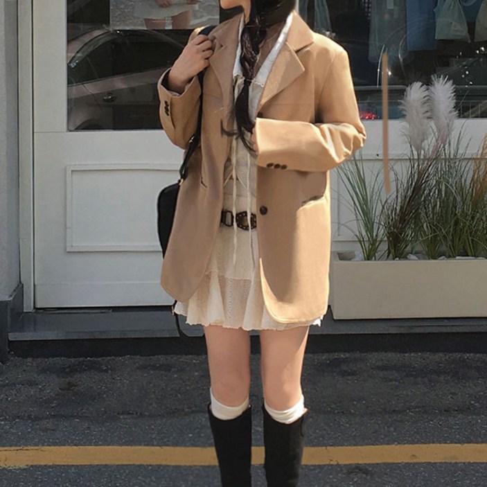 [당일출고/MD소장]모카무스 스웨이드 카라 긴팔자켓(정장출근 루즈오버핏 빅사이즈 봄옷 결혼식하객룩 빈티지 셔츠원피스 크롭레더가죽 블루종잠바 통통녀키작녀 수학 일본여행룩 블레이저)