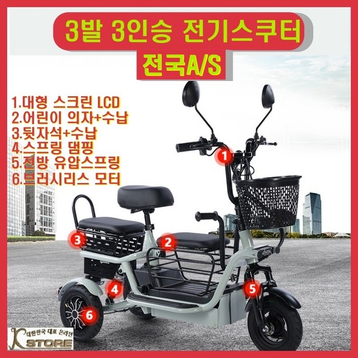 스쿠마켓 800W 3발 3인승 펫바이크 전기스쿠터 전진 후진 소형 경량 강아지 짐칸 배터리 탈부착 접이식 핸들 오토바이 어린이 노인, 옵션4