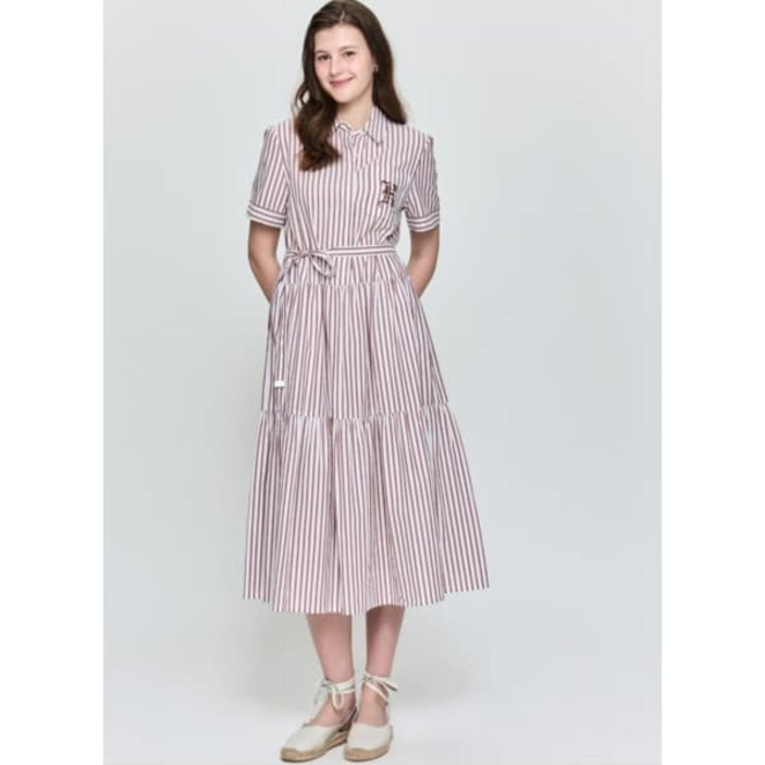 [백화점출고] 헤지스레이디스 [25SS]코튼 시어서커 자수 포인트 티어드 반팔 원피스 브라운 (HSDR-5B402) 봄신상 봄원피스