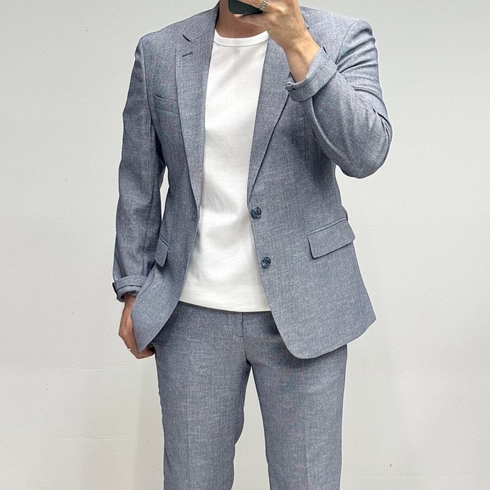 바쏘옴므 25S/S 쿨맥스 멜란지 블루 슬림핏 남성 여름 스판 정장 셋업수트 Z2KJ76KP76