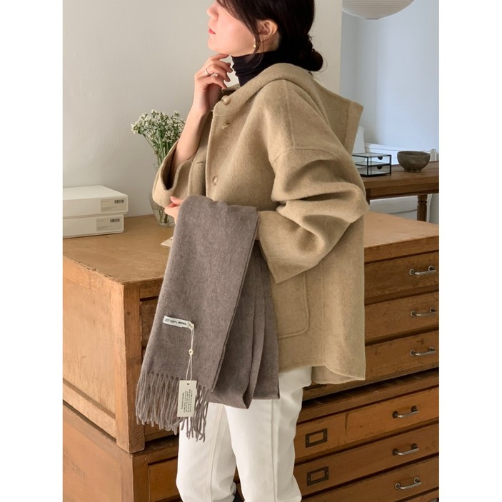 루어스룸 에글린 드롭 숄더 후드 루즈핏 아방핏 프리미엄 하프 핸드메이드 코트