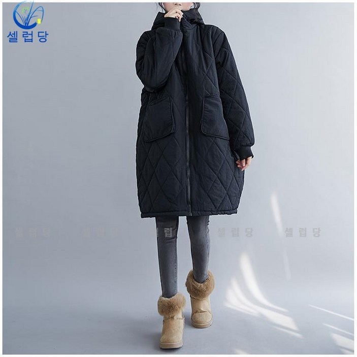 셀럽당 패딩 여 겨울 박시 빅포켓 후드 코트 미디 롱 빅사이즈 도톰패딩