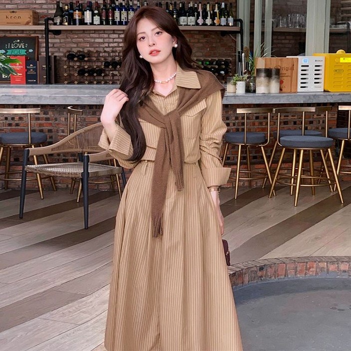 해피유통    루즈핏 캐주얼 스트라이프 원피스 춘추 롱 셔츠 스커트  BJJ001