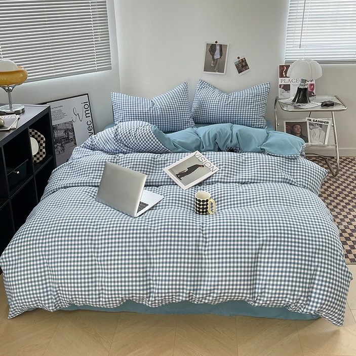 스트라이프 체크 무늬 이불 커버 - 기계 세탁 가능, 수축 방지, 사계절에 적합 - 부드러운 재질, 통기성이 좋은 침대용품, 침실 및 게스트룸에 적합, 파란색 작은 칸