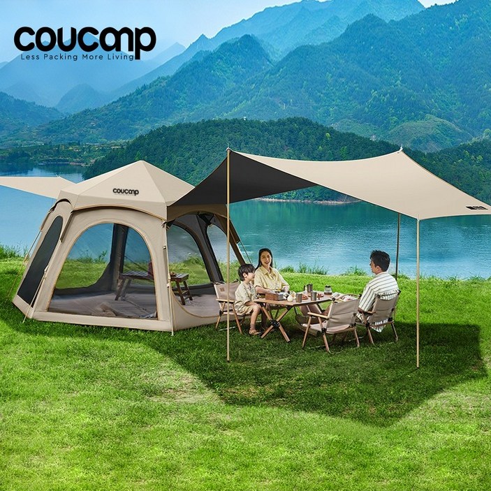 COUCAMP 자동 원터치텐트 대형텐트 육각 돔텐트 5-8명 캠핑텐트, 5-8명, 아이보리+타프
