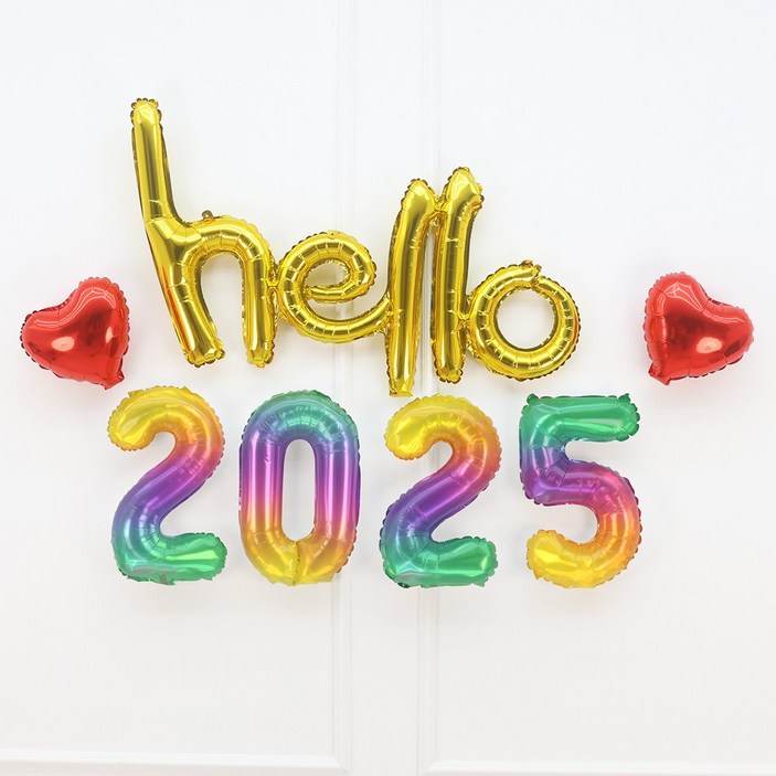 파티짱 hello 2025 하트 풍선 세트 소문자 신년회 연말파티 해피뉴이어, 골드레인레드